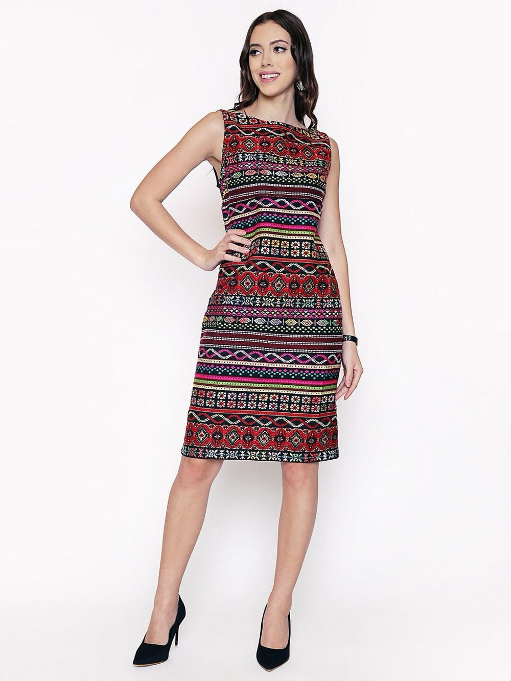 Vintage 12 Embroidered Stripe Shift Dress Boho Ethnic Aztec Artisan Colorful